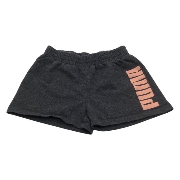 Puma Girls Athletic Shorts Size S 7/8 Charcoal Gray With Pink Logo Casual - Picture 1 of 6